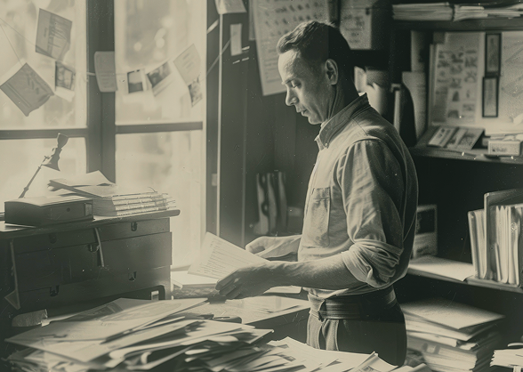 A man in an office examines documents surrounded by stacks of papers, with a window and shelves in the background.