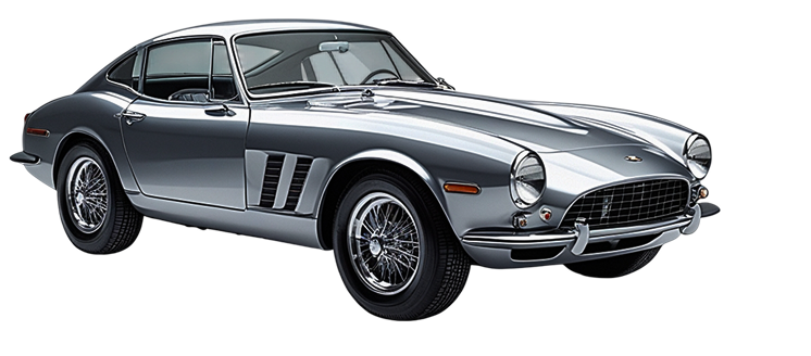 Silver classic sports car with sleek design, chrome accents, and wire-spoke wheels, angled view on a white background.