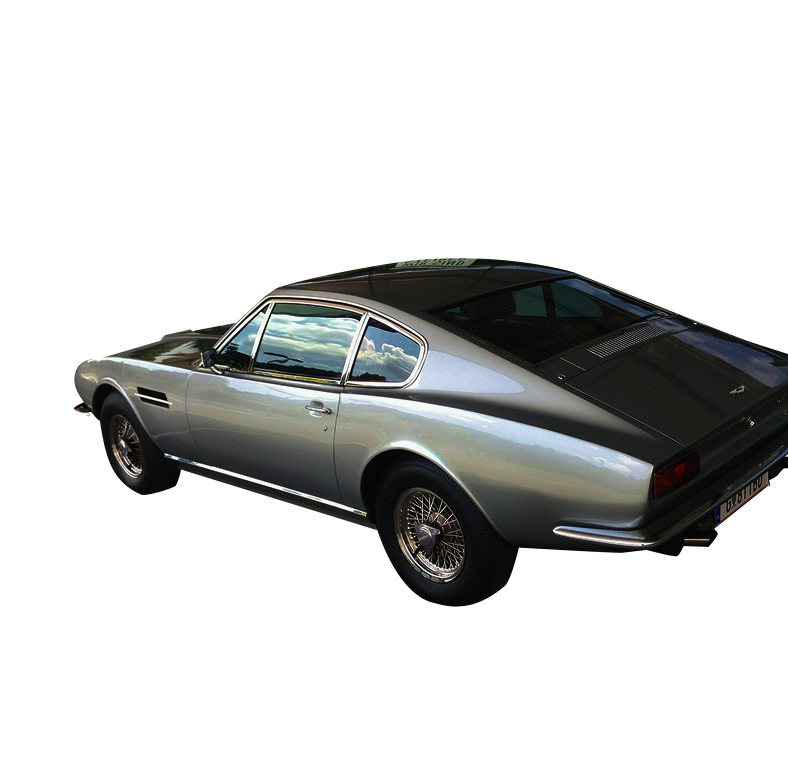 Classic silver sports car with sleek design, chrome wheels, and tinted windows, isolated on white background.